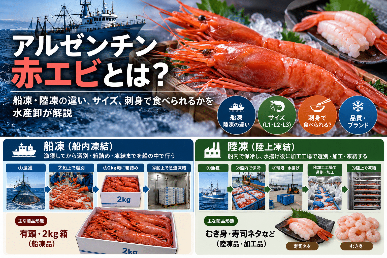アルゼンチン赤エビとは？船凍・陸凍の違い、サイズ、刺身で食べられるかを水産卸が解説