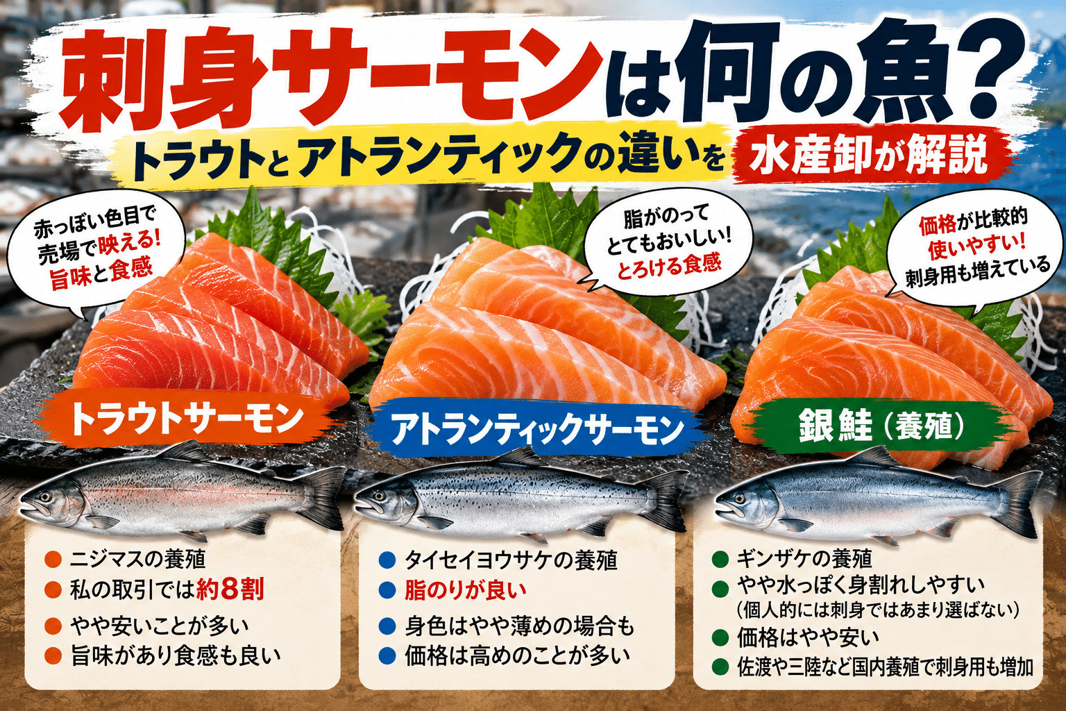 刺身サーモンは何の魚？トラウトとアトランティックの違いを水産卸が解説