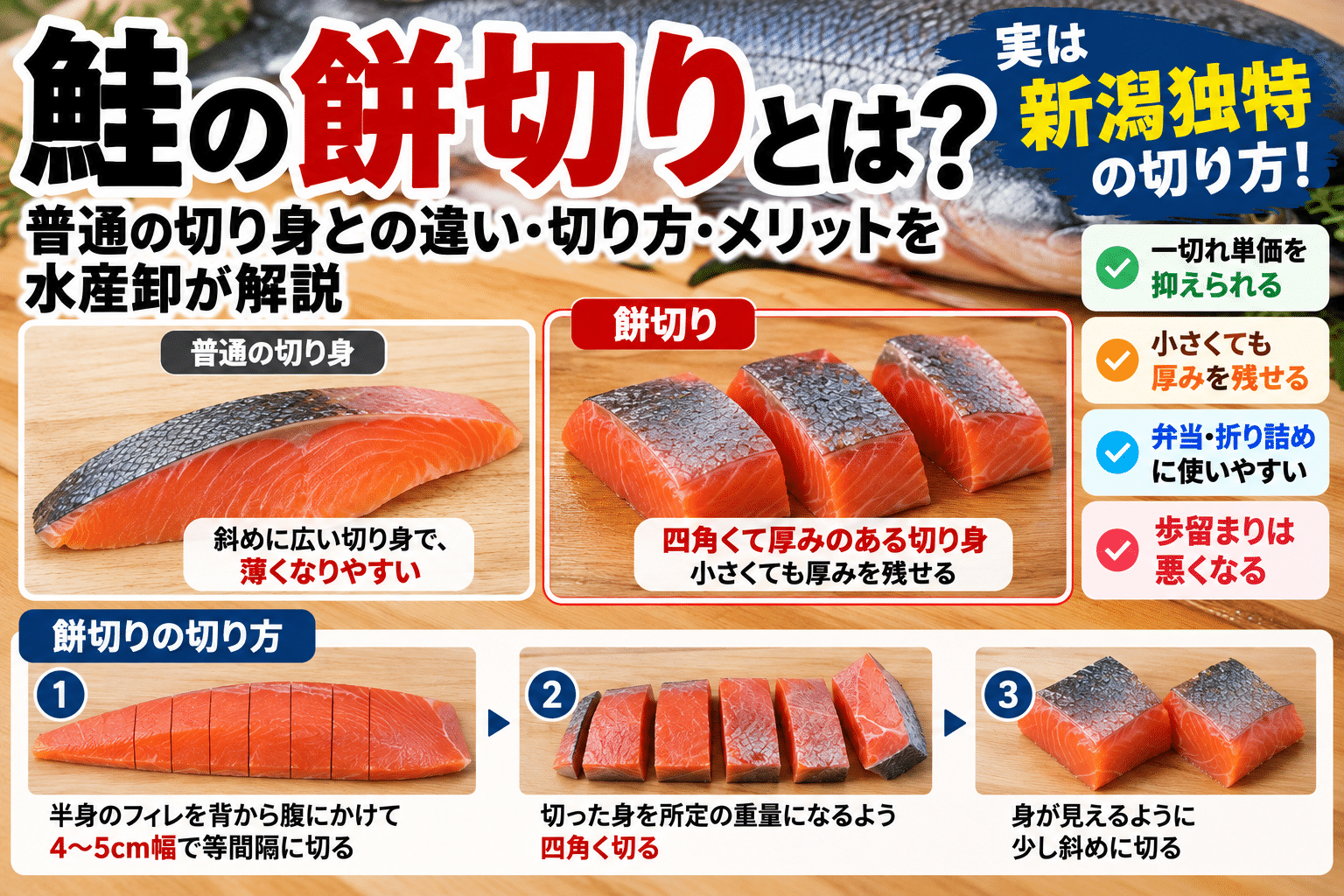 鮭の餅切りとは？実は新潟独特の切り方！切り方・メリットを水産卸が解説